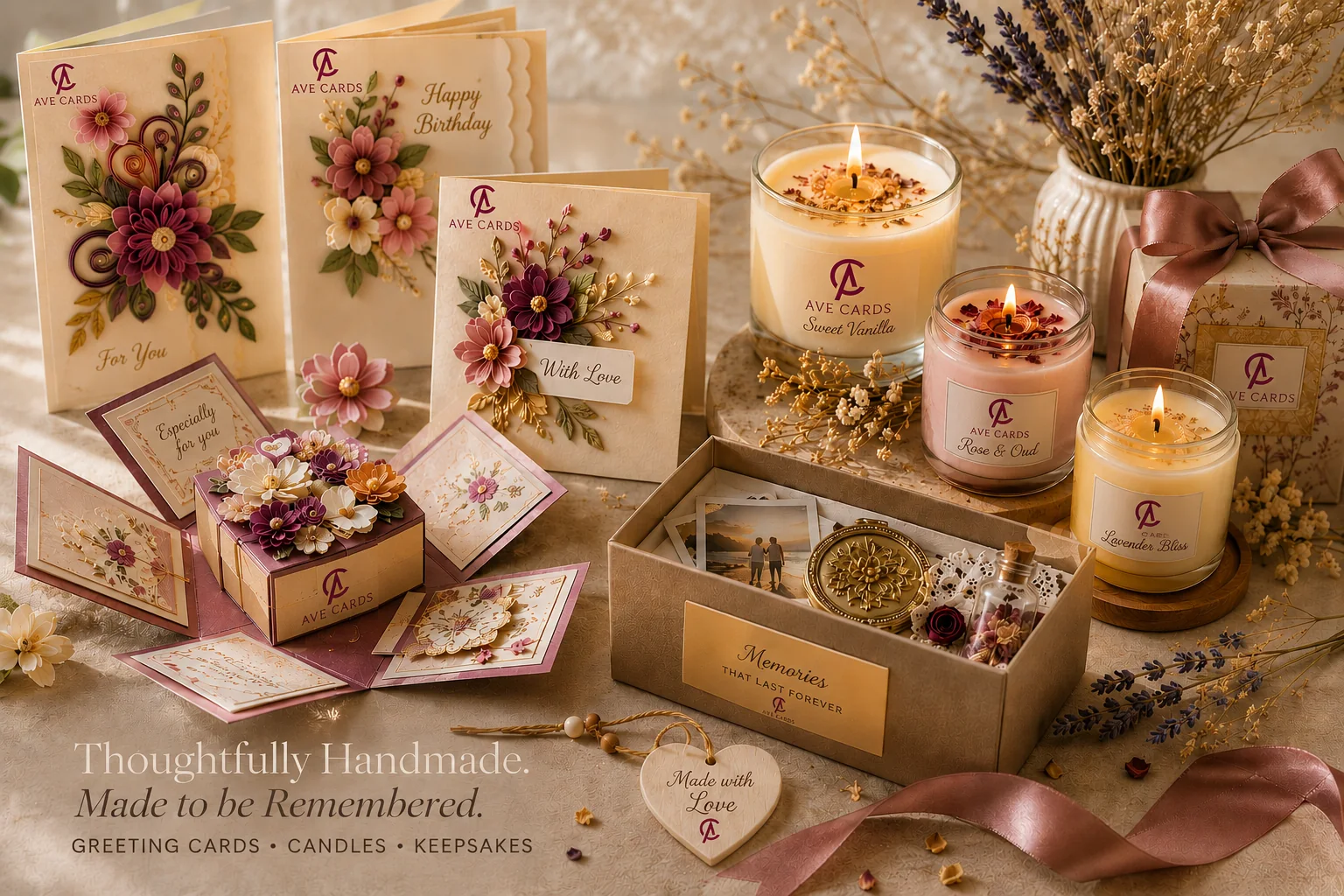 AVE Cards greeting cards, candles and keepsakes arranged as a premium gift hamper