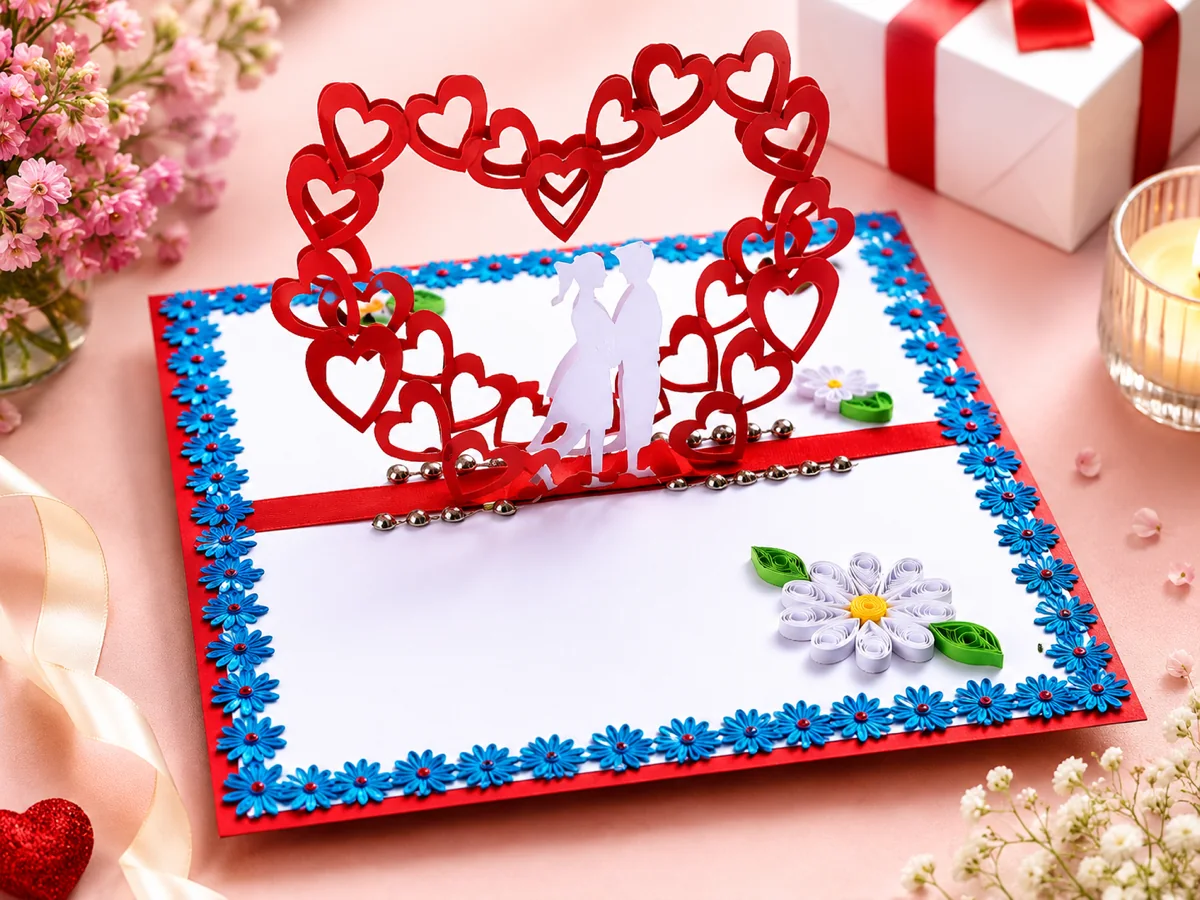AVE Cards handmade pop-up love card with layered hearts and quilled flowers
