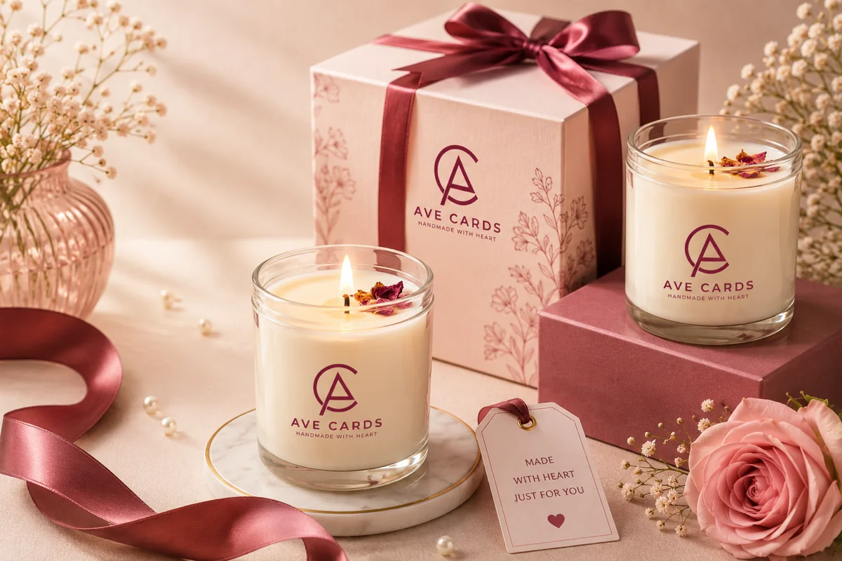 Two lit AVE Cards handmade candles beside a ribboned gift box