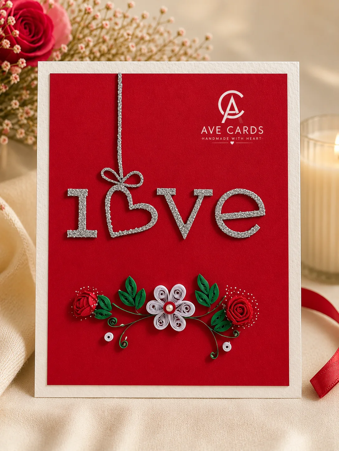 Detailed handmade love card with quilled flowers